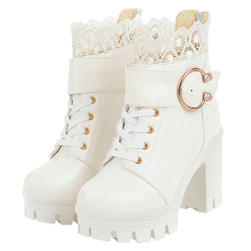 Parisuit Womens Chunky Platform Ankle Boots High Heel Lace Up Boots Sweet Lace Back Zipper Shoes - 10 - White 2