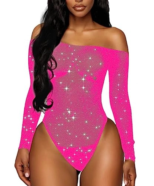 RSLOVE Women Lingerie Fishnet Bodysuit Sparkle Rhinestone Sexy Mesh Teddy Lingerie