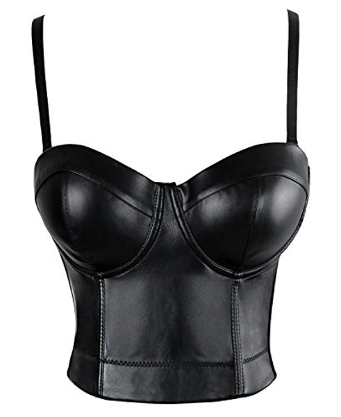 Charmian Women's Spaghetti Straps PU Leather Bustier Crop Top