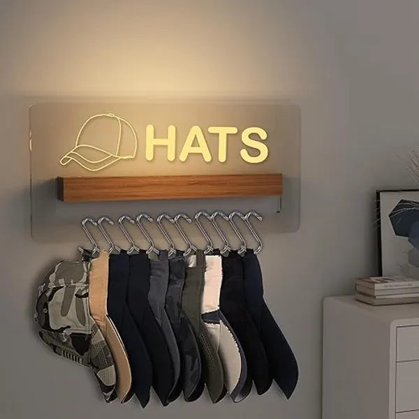 Lampeez Light up Hat Organizer, Hat Holder with Acrylic and Wood Materials and LED Lights, Hat Racks for Baseball Caps