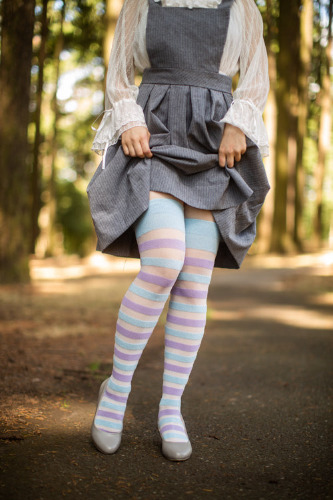Extraordinary Gossamer Stripes Thigh High | Light Blue/Lilac/White
