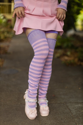 Super Stripes Thigh High Socks | Lilac/Pink