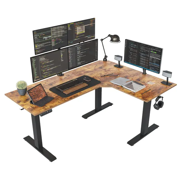 FEZIBO Triple Motor L-Shaped Electric Standing Desk, 63 Inches Height Adjustable Stand up Corner Desk, Sit Stand Workstation with Splice Board, Black Frame/Rustic Brown Top