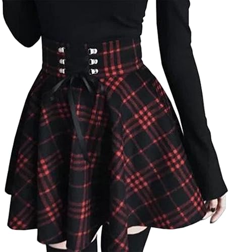 PADOLA Damen Faltenrock A-Linie Gothic Rock Kariert Plaid Rock High Waist Plissee Minirock Schulmädchen Rock Gothic Skirt zum Schnüren - XL - Schwarz Rot Plaid