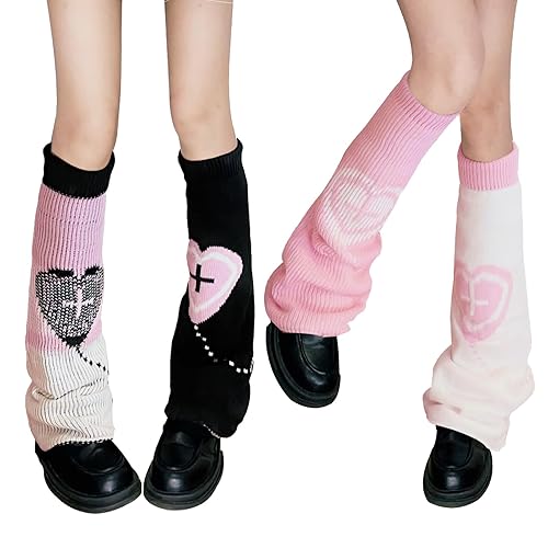XEPST Lose Gestrickte Beinwärmer für Damen, 2 Paar Winter Stulpen Y2K Japanische Lolita Beinstulpen Lange Socken Kawaii Häkeln Beinwärmer 80er Harajuku Gestrickte Warme Oberschenkel Hohe Socken