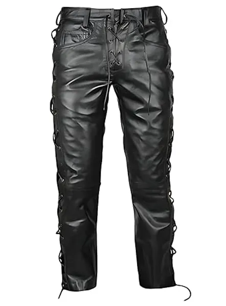 Men's Leather Motorcycle Pant Real Native American Hand Made Cowboy Style Cowhide Leather Pant - Regular - 28 Regular - Black Laces