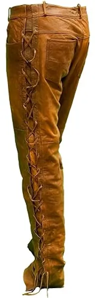 Men's Leather Motorcycle Pant Real Native American Hand Made Cowboy Style Cowhide Leather Pant - Regular - 28 Regular - Camel Brown