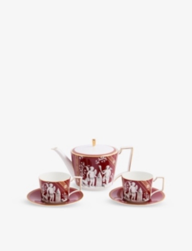Renaissance Red Patterned Bone-China Teapot, Teacup and Saucer Set