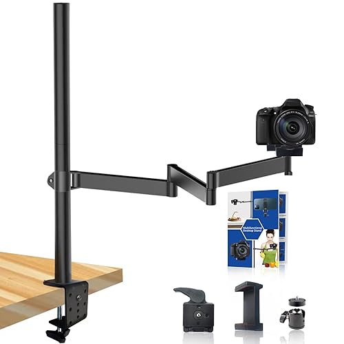 Heavy Desktop Overhead Camera Mount Rig Stand, Top Down DSLR Photography Holder with Flexible Arm and 360° Ball Head, Adjustable Height and Length for Ring Light/Video Camera/Webcam/Panel Light - Desktop Overhead Camera Mount