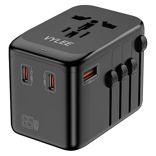 VYLEE Universal Travel Adapter, 65W Fast GaN International Power Adapter, 3PD USB-C+1QC USB-A European Travel Plug Adapter, US, UK, EU, AU Worldwide Travel Charger for Laptops, Tablets, Phones - 65W Black Orange