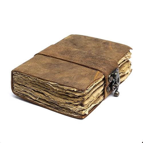 NomadCraftsCo. Vintage Leather Journal - Lock Closure, Book of Shadows Journal, Grimoire Journal, Witch Journal, Vintage Journal 240 pages Antique Deckle Edge Paper - 7" x 5" - Vintage Brown