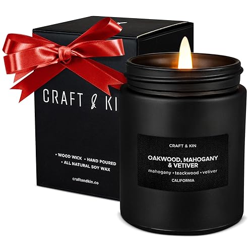 Craft & Kin - Oakwood, Mahogany & Vetiver Scented Candles | Scented Candle for Home | Soy Candles | Black Candles | Wood Wicked Candles | Long Lasting Candles with 45 Hour Burn Time- 7.6oz - Oakwood, Mahogany & Vetiver - Black Jar - 7.6oz