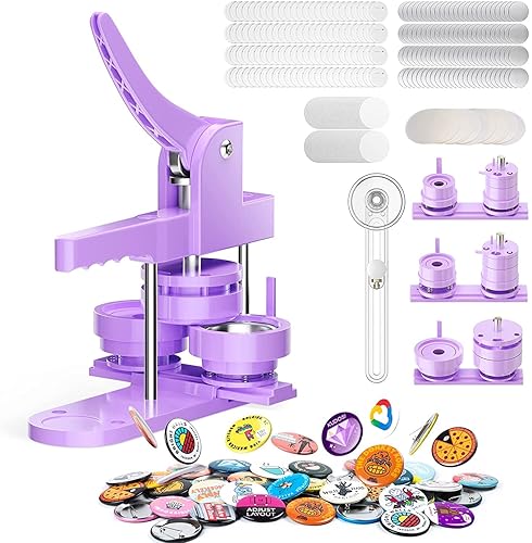 300pcs Button Pin Maker Machine Multiple Sizes 1''+1.25''+2.25'' Badge Button Press Machine with Button Parts&Circle Cutter&Picture (Purple) - Purple