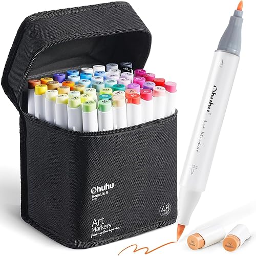 Ohuhu Alcohol Markers Brush Tip -Double Tipped Art Marker Set for Artist Adults Coloring Illustration -48 Colors -Brush & Fine -Honolulu B -Refillable - Fine & Brush