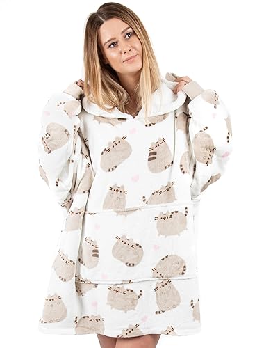 Pusheen Womens Wearable Blanket | Ladies Tabby Cat with Hearts All Over Print Fleece Hoodie | Cute Snuggle Hooded Pullover White