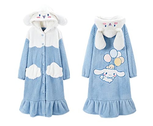 Oqqituy Cute Hooded Fleece Robe for Women and Girls, Kawaii Cartoon Dog Soft Plush Warm Night-Robe, One Size Fits All, Blue - Blue-1 - One Size