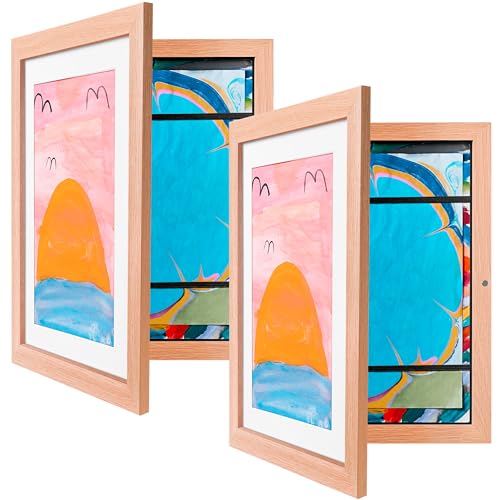 [Set of 2] Kids Artwork Frames Changeable - Real Oak Wood Kids Art Frame with Shatterproof Clear Acrylic - 8.5x11” Opening with Mat - Wall Mount & Tabletop Picture Frames - Vertical or Horizontal Orientation | Holds 100 Pcs Kids Paintings or Drawings, Natural - Natural