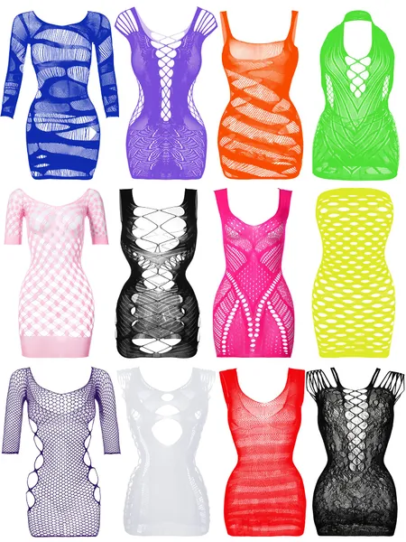 12 Pieces Women's Fishnet Lingerie Mesh Babydoll Bodysuit Lace Smock Lingerie for Women - Fresh Color