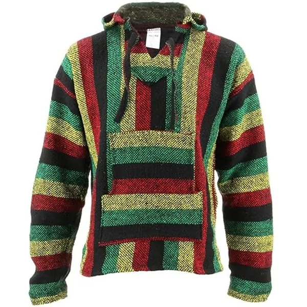 Siesta Mexican Baja Jerga Natural and Black Hooded Hippie top - M - Multi-coloured