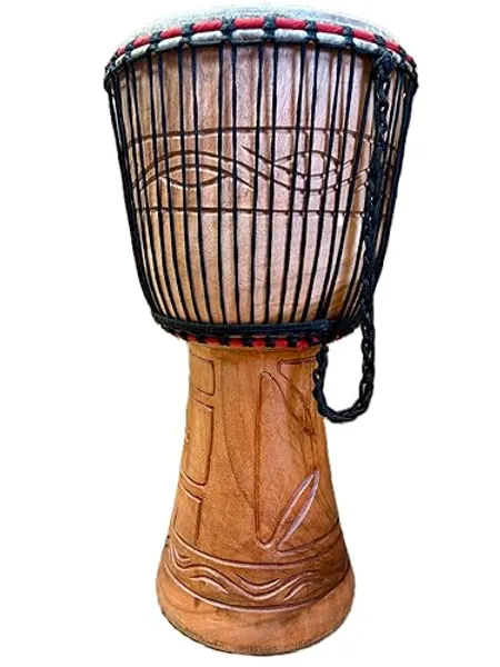 AMI 11-Inch Authentic Ghanaian Djembe Drum with Beautiful Hand Carvings - Comes With Two Free Instruments Worth £25
