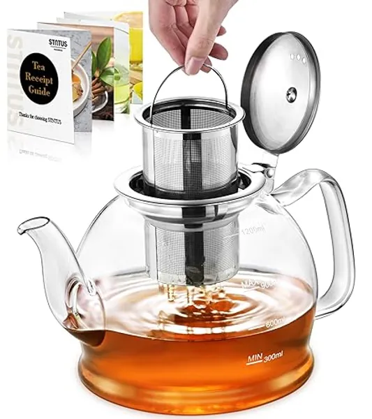 Glass Teapot, 1200 ml Tea Pot, STNTUS Teapot, Glass Teapot with Infuser, Borosilicate Teapot with Infuser for Loose Tea, Teapot with Stainless Steel Strainer for Loose Tea, Teapot for 4-6 Cups - 1200ml