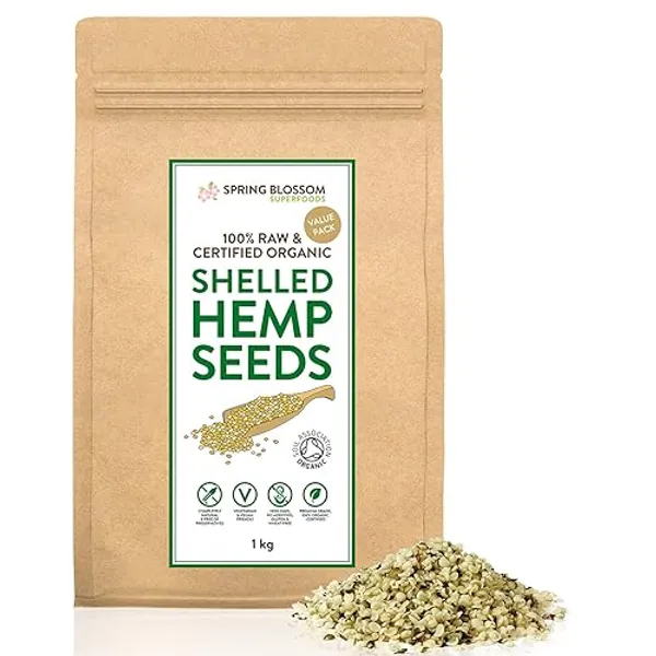 1KG Raw Organic Shelled/Hulled Hemp Seeds Hearts Healthy Vegan Snack Rich in Plant-Based Protein, Omega 3&6, Amino Acids & Minerals, Gluten-Free Superfood, in Eco-Friendly Resealable Pouch, Premium Q - Nutty - 1 kg (Pack of 1)