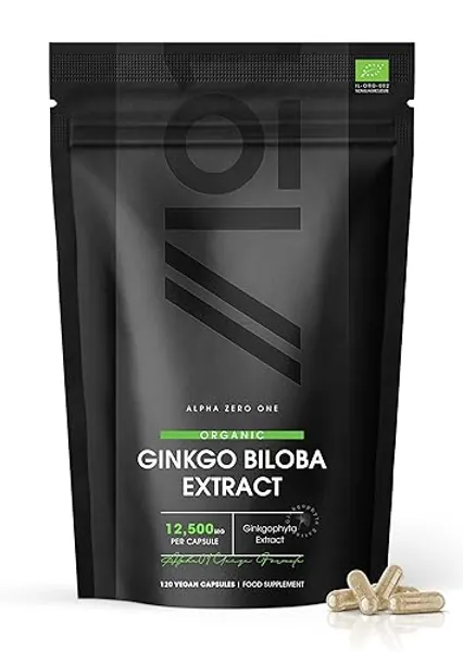 Organic Ginkgo Biloba Extract 12,500mg – High Strength Formula – Certified Organic, Non GMO, Gluten Free, Halal – 120 Vegan Capsules
