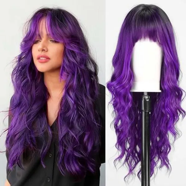 EMMOR Purple Wigs with Bangs Curly Synthetic Women's Wig Long Heat-Resistant Wig for Daily Use Natural and comfortable - Purple#