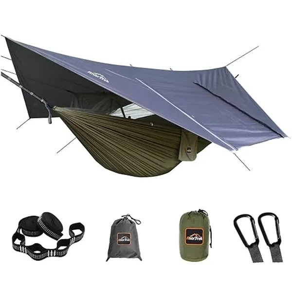 AnorTrek Camping Hammock with Mosquito Net and Rain Fly Tarp, Portable Double Hammock with Two Tree Straps, 210T Nylon Hammock and Waterproof Rain fly Set for Hiking, Backpacking - Green