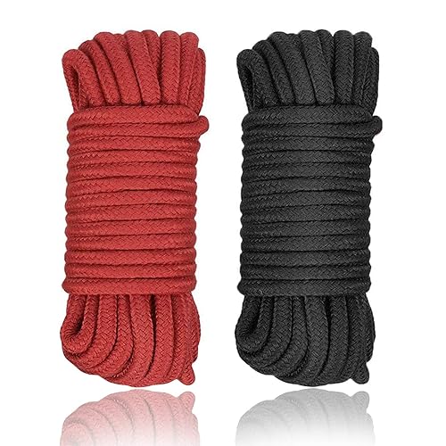 2 Pack Soft Cotton Rope, Multipurpose Durable Long Rope Craft Colored Rope, 32 Feet/10M Soft Twisted Cotton Knot Tying Rope Cord, Utility Braided Cotton Rope (Black+Red) - Black+Red