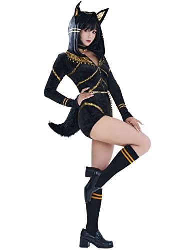 MEOWCOS Women’s Dark Cat Style Bodycon Romper Pajama Zipper Jumpsuit Sleepwear with Choker and Socks - Medium - Black