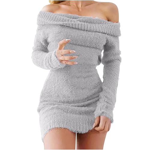 HGps8w Women's Off The Shoulder Sweater Dress Elegant Long Slleve Bodycon Mini Dress Fall Winter Fuzzy Warm Sweaters - 01 Gray - Medium