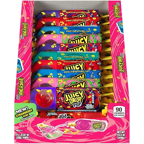 Juicy Drop Sweet & Sour Lollipop Variety Party Pack - 21 Count Sweet Lollipop Suckers & Sour Gel in Assorted Fruity Flavors - Fun Sour Candy For Birthdays And Parties - Sour Candy Variety - 21 Count Tray