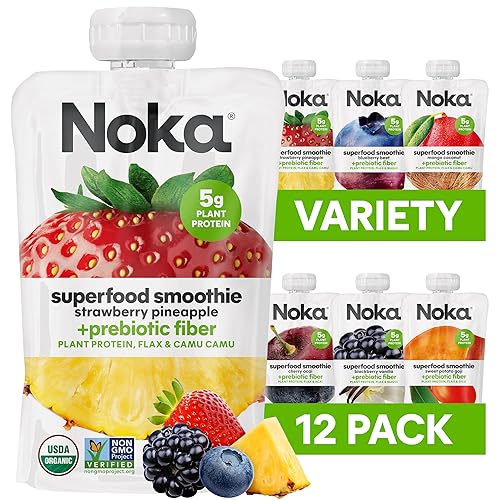 Noka Superfood Fruit Smoothie Pouches Variety Pack, Healthy Snacks with Flax Seed, Plant Protein and Prebiotic Fiber, Vegan and Gluten Free Snacks, Organic Squeeze Pouch, 4.22 oz, 12 Count - 4.22 Ounce (Pack of 12)