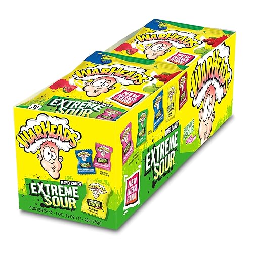 WARHEADS - Extreme Sour Hard Candy - Sour Apple, Black Cherry, Blue Raspberry, Lemon & Watermelon Flavors - 1 oz. Bags - 12 Pack - 1 Ounce (Pack of 12)
