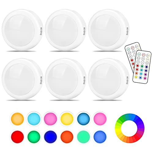 Cadrim Puck Lights, 13 Colors Changeable LED Under Cabinet Lights, Dimmable Battery Powered Lighting with 2 Wireless Remote Controls for Kitchen (6 Pack) - Multicolor - 6packs