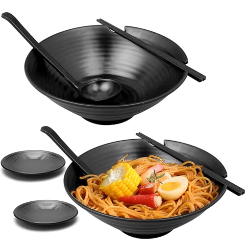 Ramen Bowl Set of 2, 8pcs Total with Chopsticks & Saucers, Black Melamine Bowls with Soup Ladle Spoons and Large 37 oz Noodle Bowl