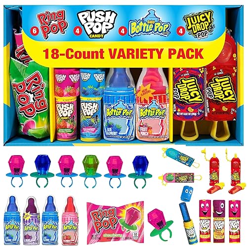 Candy Variety Pack - 18 Count Assorted Lollipops - Ring Pop, Push Pop, Baby Bottle Pop & Juicy Drop - Ideal for Birthdays, Party Favors, Celebrations & Candy Gifts by Bazooka Candy Brands - 18 Count