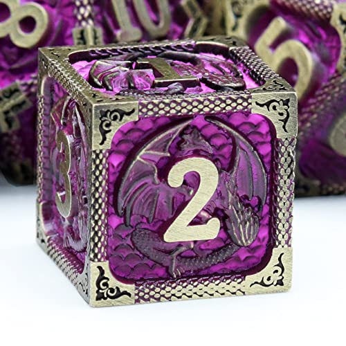 Haxtec Metal Dice Set Purple Black Dragon Pattern Metal DND Dice with Leather Dice Bag Polyhedral D&D Dice for Dungeons and Dragons TTRPG Gifts - Bronze Matt Purple