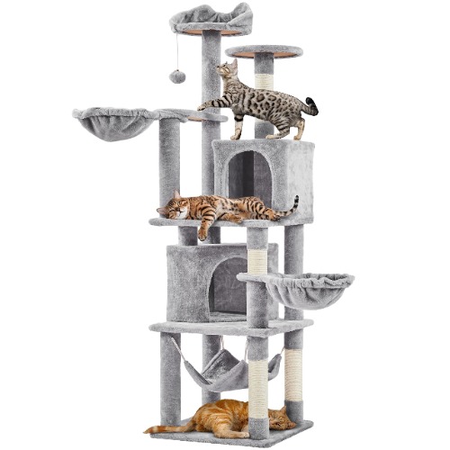 Yaheetech XXL Katklösträd, 175 cm, högt, klösträd för stora katter, stabilt klätterträd med klöspelare, plattformar, korg, hängmatta, plyschboll, ljusgrå - LJUSGRÅ