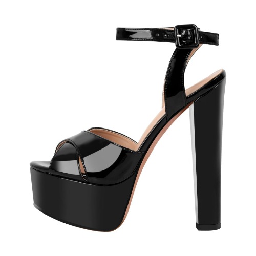 Black Platform Chunky Heel Ankle Strap Sandals | Black / US9