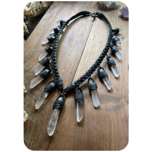SALE - The Oakley Necklace - Clear Quartz Crystals and Shadow Black Leather