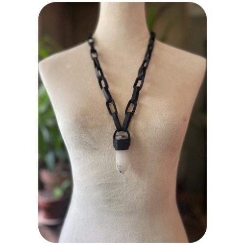 SALE - Leather Chain Necklace - Black Oiled Leather and Tourmaline Quartz