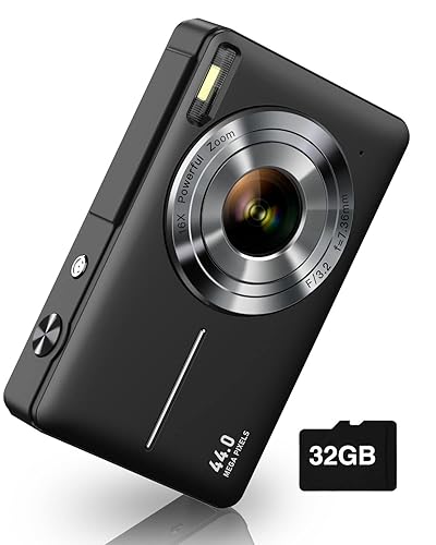Digital Camera, Camkory FHD 1080P Kids Camera 44MP Point and Shoot Digital Cameras with 32GB SD Card, 16X Zoom, Two Batteries, Lanyard, Compact Small Camera for Kids Boys Girls - Black