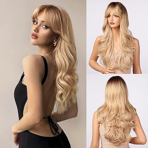 Honygebia Blonde Wig with Bangs - Long Wavy Ombre Curtain Bang Wigs for White Women, Light Ash Blond Dark Roots Synthetic Heat Resistant Hair, Natural Cute Strawberry Wigs for Halloween/Christmas - Ombre Ash Blonde