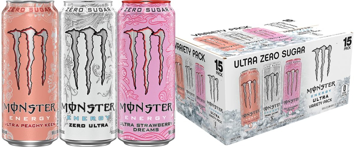 Monster Energy Ultra Variety Pack, Zero Ultra, Ultra Peachy Keen, Ultra Strawberry Dreams, Sugar Free Energy Drink, 16 Ounce (Pack of 15) - Zero Ultra, Strawberry Dreams, Peachy Keen - 15 Pack