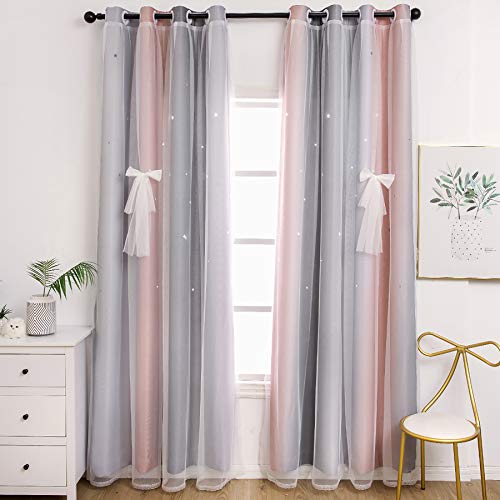 UNISTAR 2 Panels Blackout Stars Curtains for Kids Girls Bedroom Aesthetic Living Room Decor Colorful Double Layer Star Cut Out Stripe Pink Rainbow Window Wall Home Decoration Curtain,W52 x L63 Inches - 63.00" x 52.00" - 2 Panels 丨 Rainbow-pink&grey
