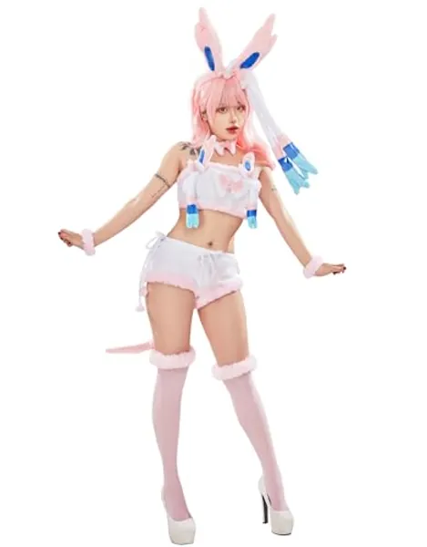 Mobbunny Women Cute Pajamas Set Pink Furry Tube Top and Shorts Anime Cosplay Homewear Sleepwear