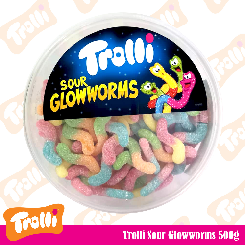 Trolli Sour Glowworms Gummi Candy in Round Tub 500g