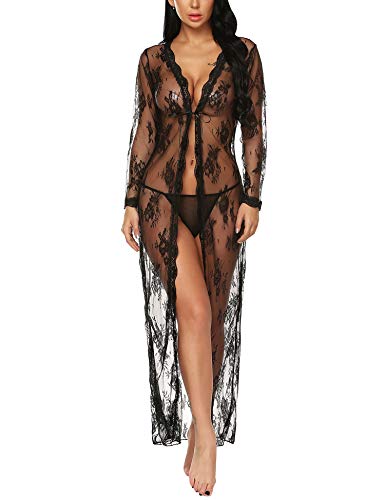 BESDEL Robe de Lingerie Sexy pour Femmes Voir à Travers des vêtements de Nuit Longue Robe en Dentelle - Noir - XXL